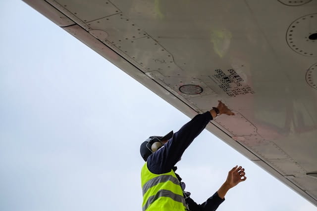 Operario chequeando ala de avión
